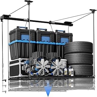 FLEXIMOUNTS GL1 Overhead Garage Lifting Storage Rack, 4x4 Ft Heavy-Duty Metal Garage Ceiling Rack, Adjustable Organization System With 71''L Axle, 350lbs Weight, Black