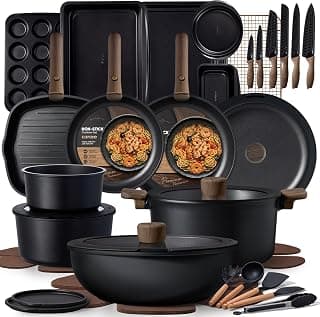 CAROTE 47pcs Pots and Pans Set Non Stick, Detachable Handle Cookware Set | Baking Pans Set, Knife Set, Induction Compatible, Dishwasher & Oven Safe, Space Saving, Camping Cooking, Kitchen Set, Black