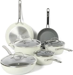 Sur La Table Kitchen Essentials 10 Piece PFA Free Non-Toxic Titanium Ceramic Nonstick Interior Forged Aluminum Cookware Pots and Pans Set - Linen White - Induction Compatible