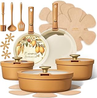 Carote 20pcs Ceramic Cookware Set with Detachable Handles, Pots and Pans Set Non Stick, RV Kitchen Cooking Pot and Pan, Dishwasher Safe, Non-toxic Induction Cookware PFAS and PFOA Free,Orange