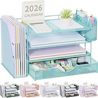 gianotter Desk Organizers and Accessories with File Holder, 4-Tier Desk Accessories & Workspace Organizers with Drawer and 2 Pen Holder, Paper Organizer for Office Supplies (Blue)