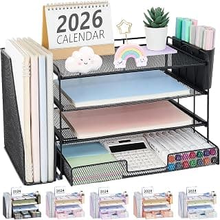 OPNICE Desk Organizer, 4-Tier Desktop File Organizer with Drawer and Pen Holders, Office Desk Accessories, File Sorters, Workspace Organizers for Office Supplies(Black)