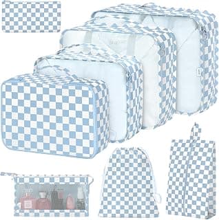8 Set Packing Cubes for Suitcases, Packing Cube with Shoe, Cosmetics, Clothing, Accessories Bags Packing Cubes for Travel Luggage Organizer Women Men(Blue Checkered)