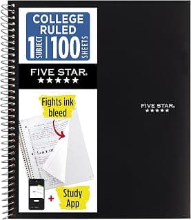 Five Star Spiral Notebook + Study App, 1 Subject, College Ruled 8.5" x 11" Paper, 100 Sheets, Black (72057)