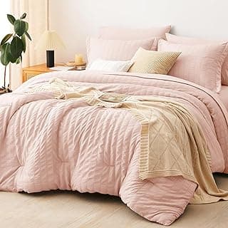 CozyLux Queen Comforter Set, 7 Pieces Blush Pink Seersucker Bed in a Bag | OEKO-TEX Certified, All Season Bedding Set with 240 GSM Down Alternative Comforter, Flat & Fitted Sheets, Pillowcases & Shams