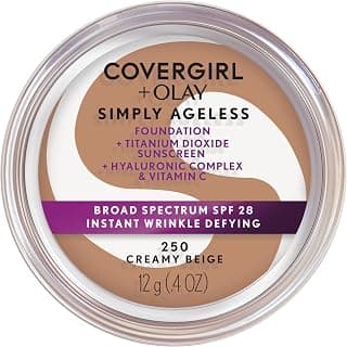 COVERGIRL Simply Ageless Instant Wrinkle Defying Foundation, SPF 28, Hyaluronic Complex & Vitamin C - 250 Creamy Beige, Pack of 1