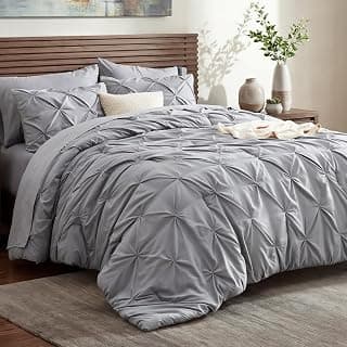 Bedsure 7-Piece Queen Bedding Comforter Set & Sheet Set, Grey Bed in a Bag | Ultra-Soft Microfiber with Down Alternative, Deep Pocket Fitted Sheet, Pintuck Design, Room Decor, OEKO-TEX Certified