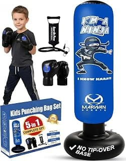 Marwan Sports Ninja Kids Punching Bag — Inflatable Sensory Toy & Birthday Gift for Boys & Girls Ages 4-12, 63" Freestanding 5-in-1 Kit, Indoor Apartment-Quiet Sensory-Friendly Active Play