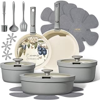 CAROTE 20pcs Ceramic Cookware Sets, Nonstick Pots and Pans Set Non Toxic | Space Saving, Detachable Handle, Dishwasher & Oven Safe, PFAS Free, Kitchen/Apartment/Camping/RV/ Traveling Cooking Sets