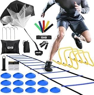 GHB Agility Ladder,Football Training Equipment Set | 4 Agility Hurdles, 20 feet12 Rungs Speed Ladder,12 Disc Cones,Resistance Parachute, Jump Rope, 5 Resistance Bands