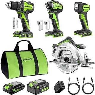 GREENWORKS 24V Combo (1/2” Drill + 1/4” Impact Driver + 6.5” Circular Saw + 200Lm Flashlight), 4.0Ah + 2.0Ah Batteries (24,000mAh PB), (2) Braided Cables, 65W Rapid Charger,High-Efficiency