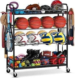 EXTCCT Garage Sports Equipment Organizer - Rolling Ball Storage Bin with Wheels, Garage Sports Gear Rack Outdoor Basketball Racks for Balls with Baseball Bat Holder and Hooks, Toy Organizer