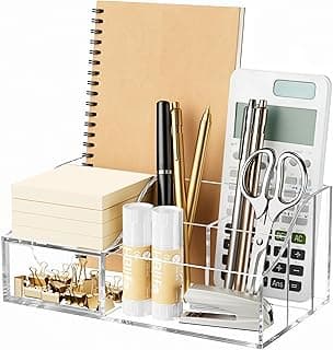 HBlife Acrylic Desk Organizer with Drawer, Pen & Pencil Holder, Multifunctional Desktop Caddy for Office Supply and Organization (Clear)