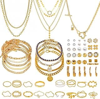 46 Pieces Silver Jewelry Sets for Women Fashion Costume Jewelry Necklace Anklet Bracelet Earrings Set Suitable for Daily life Gatherings Party Festivals and Travel