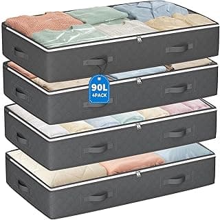 90L Under Bed Storage Containers, 4 Pack Closet Organizers Grey | Foldable underbed storage bins for linen sheets, blanket, clothing, comforter, sweaters, pillows, wrapping paper