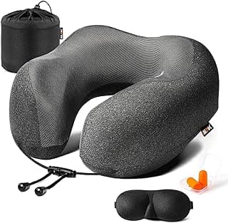MLVOC Airplane Travel Neck Pillow for Sleeping, 3D-Eye Mask & Earplugs Kit | 3-in-1 Travel Kit, Eye Mask + Earplugs, Curved Neck & Chin Support, Rope Lock Fit, Memory Foam Keeps It’s Shape