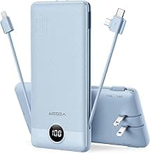 VEGER Portable Charger for iPhone, Power Bank Built in Cable and AC Plug | 10000mAh Slim USB C Battery Pack, Travel Essentials for Camping Cruise Business Trip, Compatible with Smart Devices, Blue