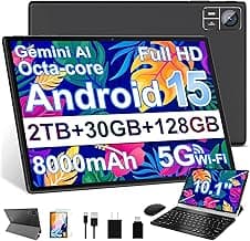 Android 15 Tablet 30GB RAM 128GB ROM 2TB Expand, 10.1 Inch Tablets with Keyboard Mouse, Octa-Core, 8000mAh, HD IPS Display, 5G WiFi BT 5.0 GPS, Widevine L1, Gemini AI, Dual Camera - Black