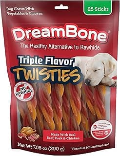 DreamBone Twisties Rawhide-Free Dog Treats with Real Protein, 25 Count | Daily Chew, Digests Safely and Completely, Made With Real Beef, Pork, Chicken and Veggies, For Adult Dogs