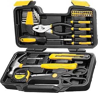 CARTMAN 39-Piece Household Tool Set, Yellow Hand Kit With Storage Case | Complete assortment for home repairs, DIY projects, furniture setup, crafting, and daily household fixes in toolbox.