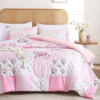 YIKUSH Pink Floral Full Comforter Set, Soft Lightweight All Season Bedding Set for Women Girls, Cozy Cottagecore Botanical Comforter Full Size with 2 Pillow Shams, Breathable Floral Bed Set