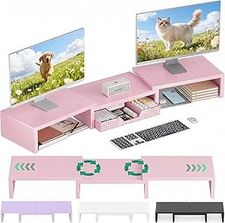 Desk Organizers and Accessories, Dual Computer Monitor Stand Riser with Drawer, Office Decor for Women, Office Desk Accessories & Workspace Organizers for Home Office Supplies, Pink