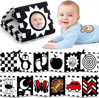 Yeeeasy Black and White Baby Books for Newborn 0-6 Months, Double-Sided High Contrast Toys with Mirror, Montessori Sensory Crinkle Soft Toys for Infant Brain Development 0-12 Months
