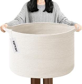 90L Large Blanket Basket,Rope WovenLaundry Basket-White | Collapsible, reinforced handles, nursery storage bin organizes clothes, toys and pillows for living room, bedroom bathroom