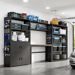 FLEXIMOUNTS Garage Storage Cabinet System, 3-in-1 Modular Metal Tool Cabinet w/Workbench and Metal Board Shelf Includes Pegboard, 24-Gauge Steel, 129"(L) w/ 2 Doors, Black, FLEXIMOD Series