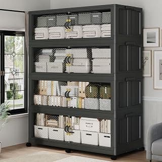 240Gal/960QT 4-Tiers Extra Large Stackable Storage Bins with Lid, Collapsible Cabinet Closet Organizer Plastic Container Box with Wheels Doors Drawers for Office Dorm Kitchen, Black