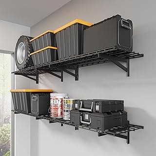Jusgym 4 Pack Heavy Duty Garage Wall Shelving Set (1.5x4ft), Wall Mounted Garage Shelves 1400lbs Capacity, 18"x96" Shelf Storage Rack Floating Shelves, Black