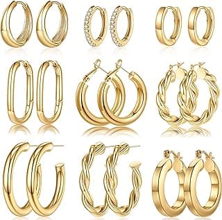 9 Pairs Gold Hoop Earrings for Women, 14K Real Gold Plated Chunky Hoop Earrings Set for Women Hypoallergenic Thick Lightweight Earring for Womens Jewelry Gifts