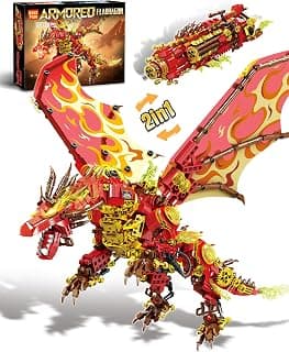 2 in 1 Mechanical Flaming Dragon Building Set for Adults, Compatible with LEGO Dragon, 1414PCS Transform Weapon Toys for Boys 10 for Home Office Decoration