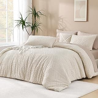 King Size Comforter Set Beige, 3 Pieces Boho Bedding | Cream Soft Lightweight Fluffy, Tufted Textured Down Alternative Comforter Bed Set All Season