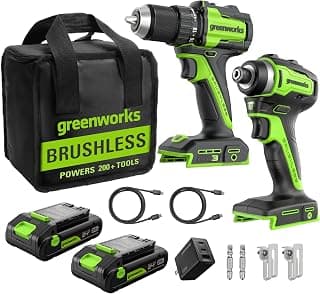 Greenworks 24V Cordless Brushless 400 in-lbs Drill/Driver+1950 in-lbs Impact Driver Combo,High Torque, Lightweight, (2) 2.0Ah USB-C Batteries(12,000mAh Power Bank) and 65W USB-C Fast Charger(3-Port)