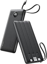 VRURC Portable Charger, Built-in 4 Cables Slim Power Bank 10000mAh, USB C Charging Bank with LED Display, Compact Travel Battery Pack with 5 Outputs for Multi Devices, Android-Black(1 Pack)