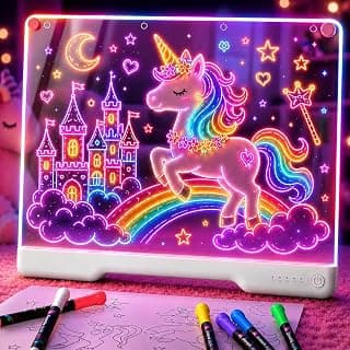 Geokay 16" Rechargeable LED Drawing Board with 9-Color Light Effects | Birthday & Christmas Gift Idea for Girls/Boys/Kids/Teens, Doodle Neon Glow Pad with Built-in Stand Tracing Book & 7 Markers