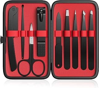 Yougai Tweezers Set for Women Men Facial Hair,9Pcs Professional Eyebrow Kit | Stainless Steel Great Precision Eyebrow Tweezers for Ingrown Facial Hair with Leather Travel Case as Stocking Stuffing Gifts