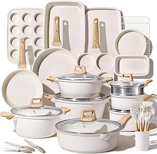CAROTE 44pcs Pots and Pans, Nonstick Cookware Sets with Bakeware | Induction Cooking Set with Kitchen Knife Set & Egg Pan, Durable, Easy Clean, Even Heating