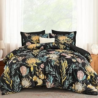 Queen Comforter Set 7 Pieces Bedding Sets, Black Floral Comforter and Sheet Set, Soft Microfiber Bed in a Bag for All Seasons (Black,90"x90")