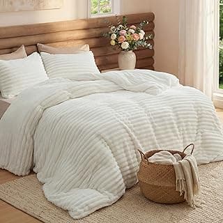 Bedsure Large Queen Fluffy Comforter Set, Cozy Fleece Cream White Bedding | Ultrasoft Ribbed Flannel Comforter, Fall & Winter Warm Bedding Set, Gift for Women, Room Decor Aesthetic, OEKO