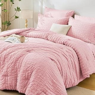 Pink Queen Comforter Set 7 Pieces, Seersucker Bed in a Bag Queen Size, All Season Luxury Bedding Set with Comforter, Flat Sheet, Fitted Sheet, Pillowcases & Shams