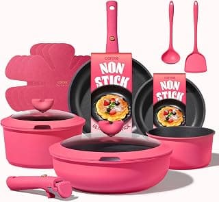 CAROTE 15pcs Pots and Pans Set Non Stick, Cookware Set Detachable Handle | Induction Compatible, Dishwasher & Oven Safe, Space Saving, Camping Cooking Set, Kitchen Set, Pink