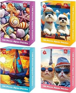4 Packs 100 Piece Puzzle - Shells Sailboat Cats Dogs Jigsaw Puzzles, 100 Piece Puzzles for Adults Seniors Kids Puzzles for Kids Ages 4-6 6-8 8-10 Educational Puzzle Toys 15"x11"
