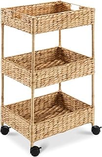 Best Choice Products 3-Tier Water Hyacinth Rolling Nursery Caddy w/Wheels, Utility Cart, Storage Organization for Bathroom, Craft Room, Laundry Room - Natural