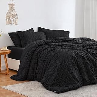 Love's cabin Seersucker Black King Size Comforter Set, 7-Piece All Season Lightweight Bed in a Bag Bedding Set with Comforter, Flat Sheet, Fitted Sheet, Pillowcases and Shams