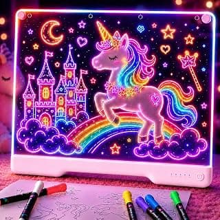 Geokay 16" Rechargeable LED Drawing Board with 9-Color Light Effects | Birthday & Christmas Gift Idea for Girls/Boys/Kids/Teens, Doodle Neon Glow Pad with Built-in Stand Tracing Book & 7 Markers