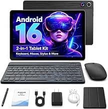 Jeazans Android 16 Tablet 10.1 Inch, 2-in-1 Tablet Bundle with Keyboard, Wireless Mouse, Stylus, Leather Case, Dual Camera, 64GB Storage+1TB Expansion, Portable Laptop for Students & Business