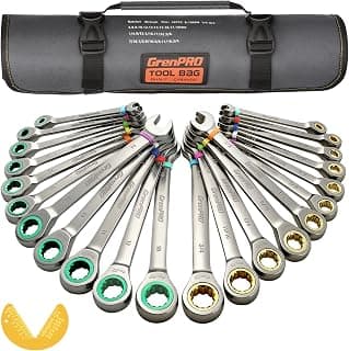 GRENPRO 23PCS Ratcheting Wrench Set SAE Metric Combination Mechanic Tools | 1/4"-3/4"&6-18MM Bolt Gauge, Gray Nickel CR-V 72-Tooth 5-Degree Swing 12Pt Color Rings, Roll Pouch for Auto & Home Repair