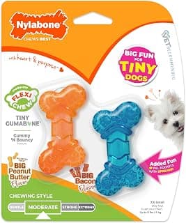 Nylabone Flexi Chew Tiny Gumabone Dog Chew Toys, XX-Small, 2 Count | Peanut butter & bacon flavor, x-small breeds, flexible material, fill with treats, gentle on teeth, for dogs up to 15 lbs
